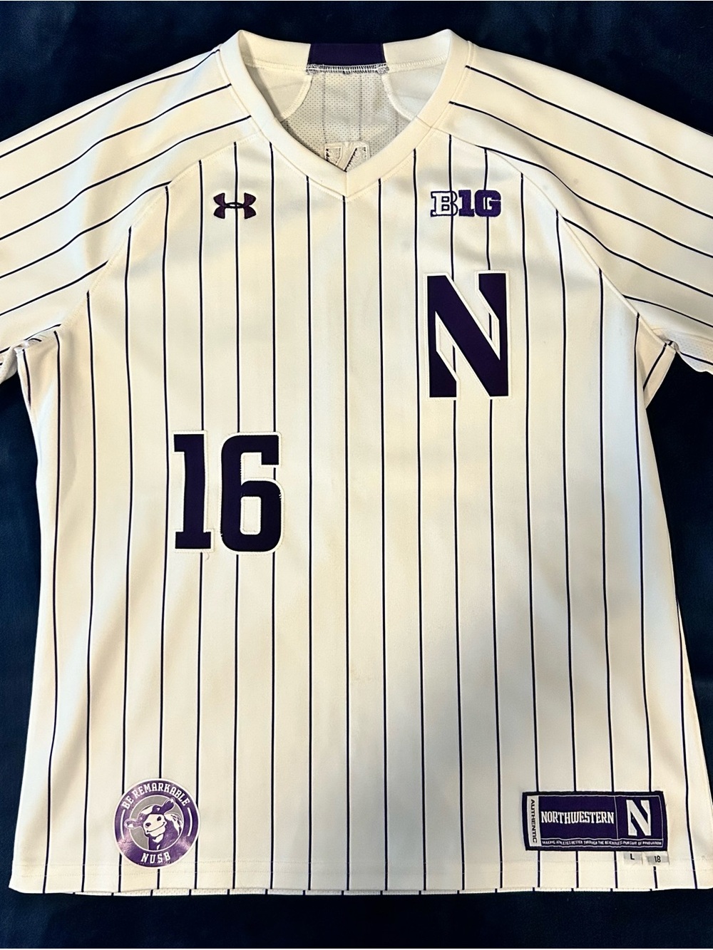 Under Armour White Pinstripe Northwestern Softball #16 Jersey with Purple Logos